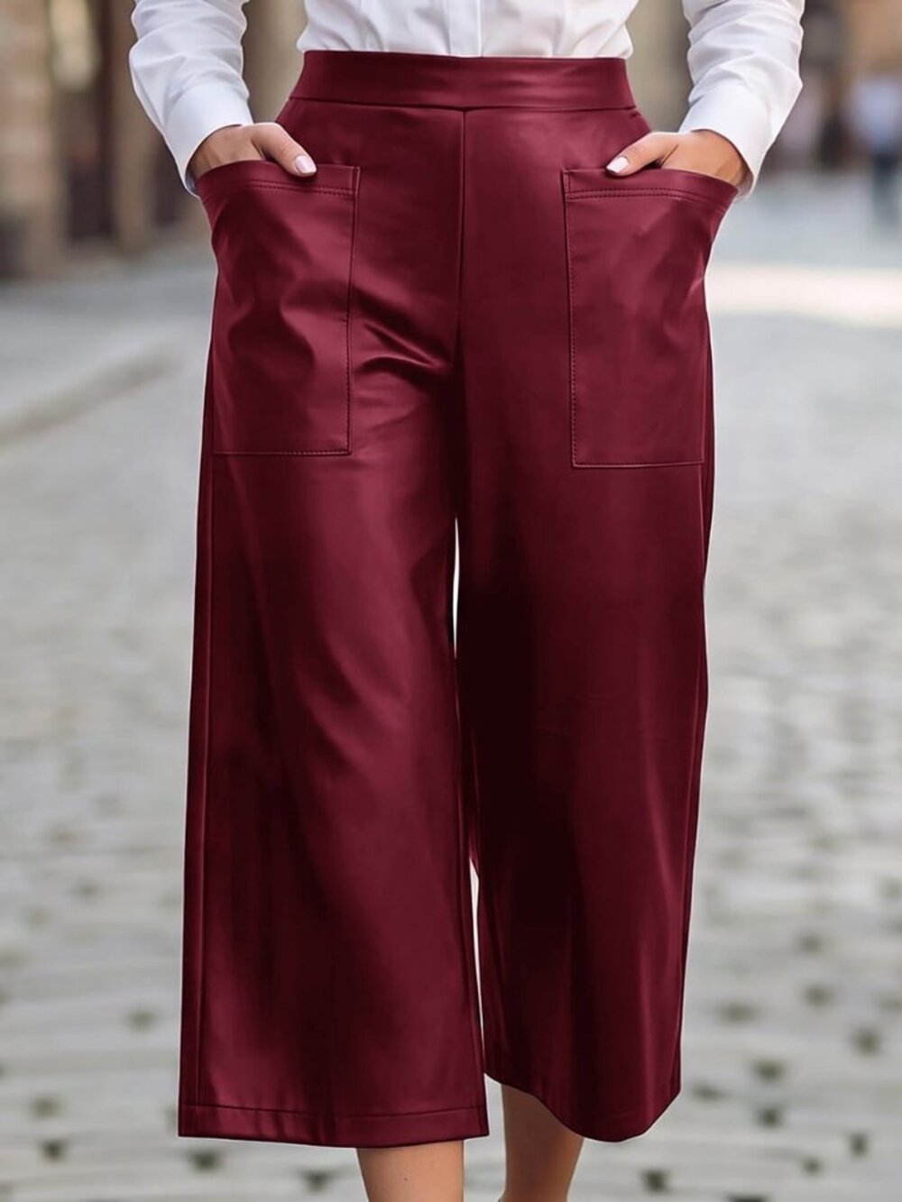 Burgundy Preppy Women's Wide Leg Cropped Pants